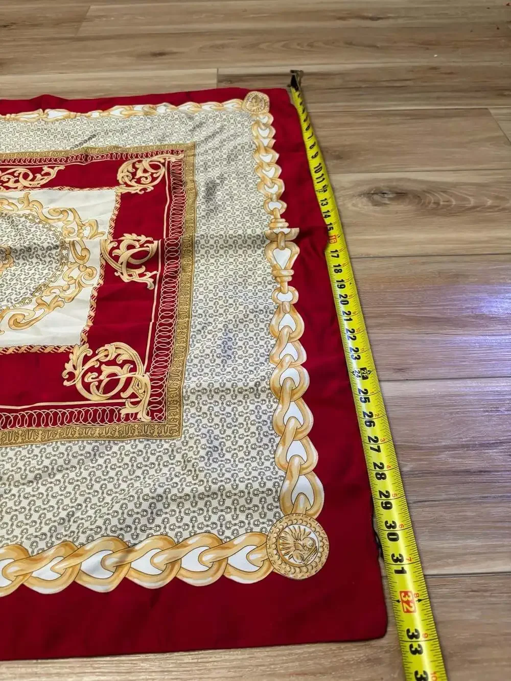 Vintage Luxury Style Square Silk Scarf Gold Chain Equestrian Motif